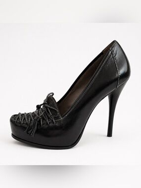 LEVITY Black Leather Lace Up Platform Heels Tassel Sexy Stiletto Pumps | 8.5/9.5